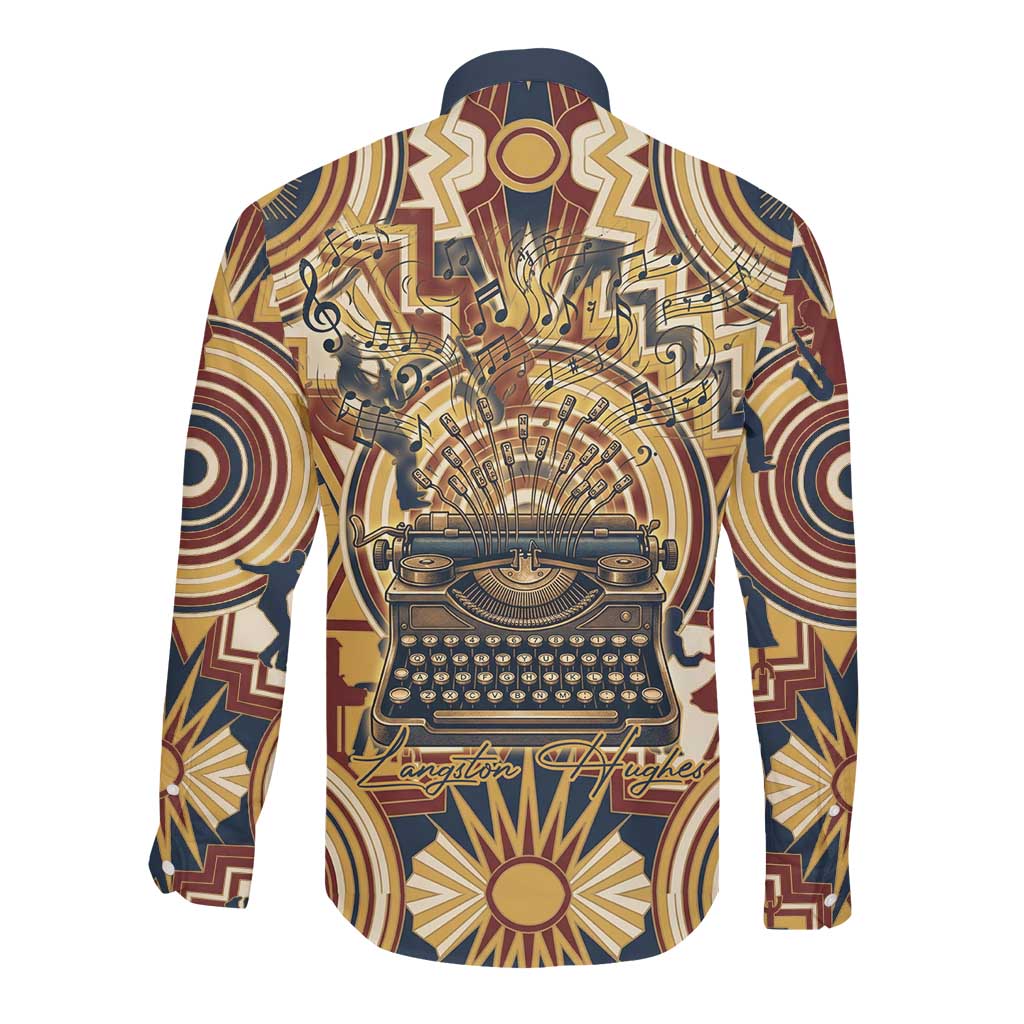 Langston Hughes Long Sleeve Button Shirt Vibrant Jazz Age Pattern - Typewriter and Silhouettes Celebration of Harlem Renaissance - Wonder Print Shop