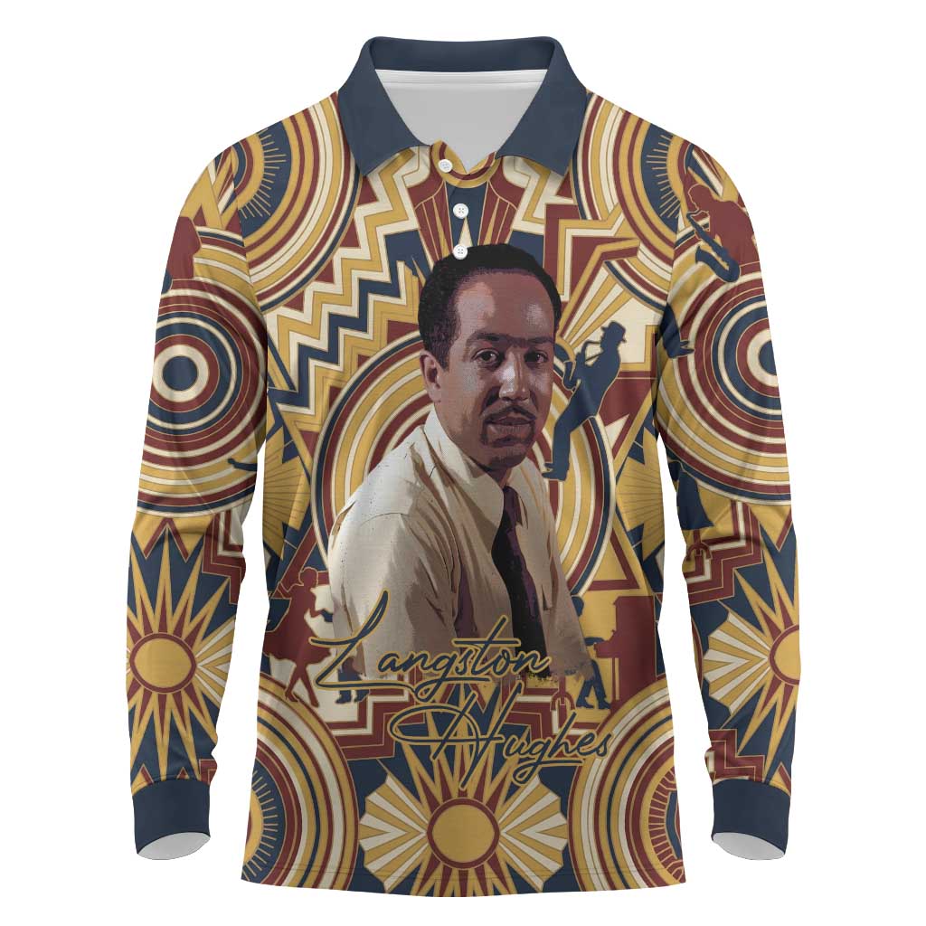 Langston Hughes Long Sleeve Polo Shirt Vibrant Jazz Age Pattern - Typewriter and Silhouettes Celebration of Harlem Renaissance - Wonder Print Shop