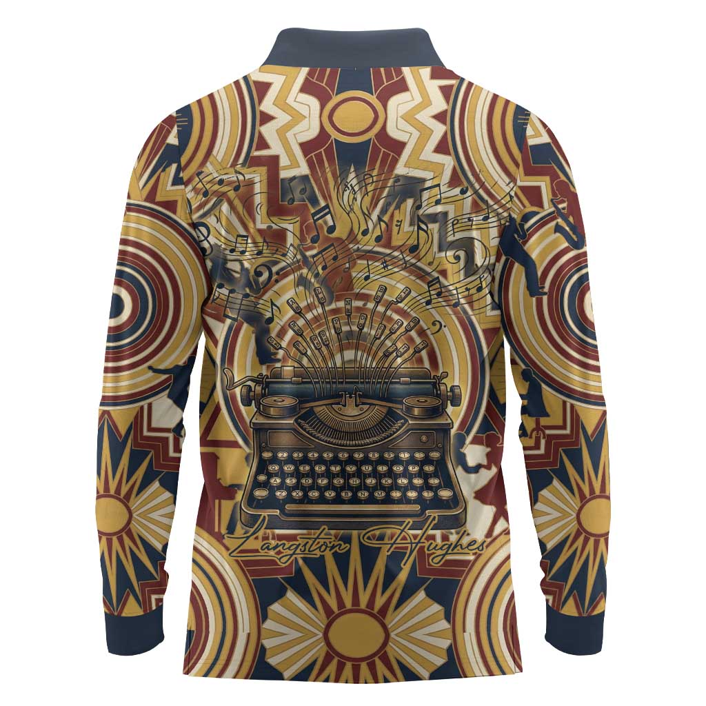 Langston Hughes Long Sleeve Polo Shirt Vibrant Jazz Age Pattern - Typewriter and Silhouettes Celebration of Harlem Renaissance - Wonder Print Shop
