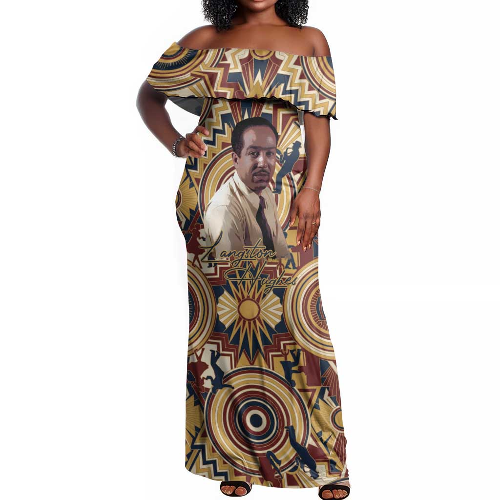 Langston Hughes Off Shoulder Maxi Dress Vibrant Jazz Age Pattern - Typewriter and Silhouettes Celebration of Harlem Renaissance - Wonder Print Shop