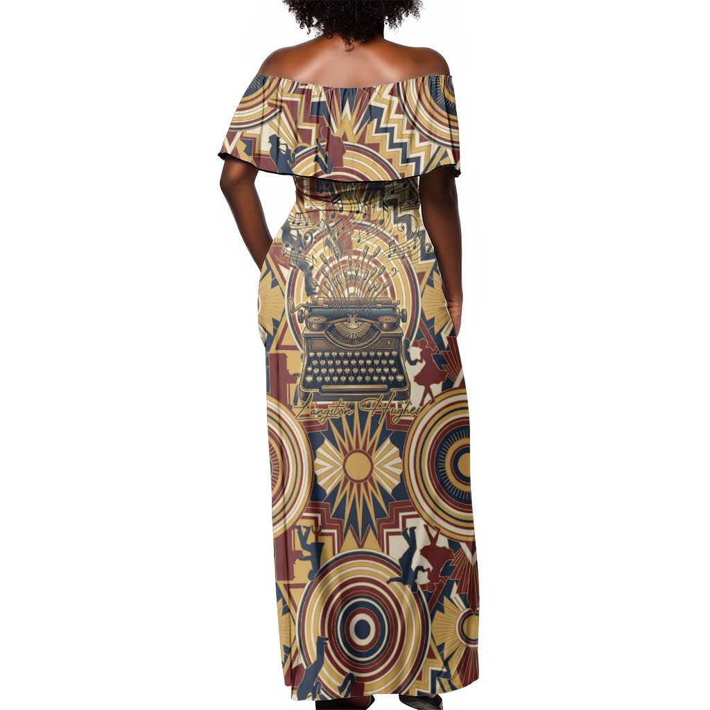 Langston Hughes Off Shoulder Maxi Dress Vibrant Jazz Age Pattern - Typewriter and Silhouettes Celebration of Harlem Renaissance - Wonder Print Shop