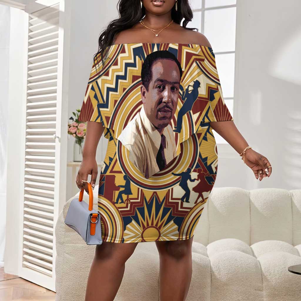 Langston Hughes Off Shoulder Short Dress Vibrant Jazz Age Pattern - Typewriter and Silhouettes Celebration of Harlem Renaissance - Wonder Print Shop