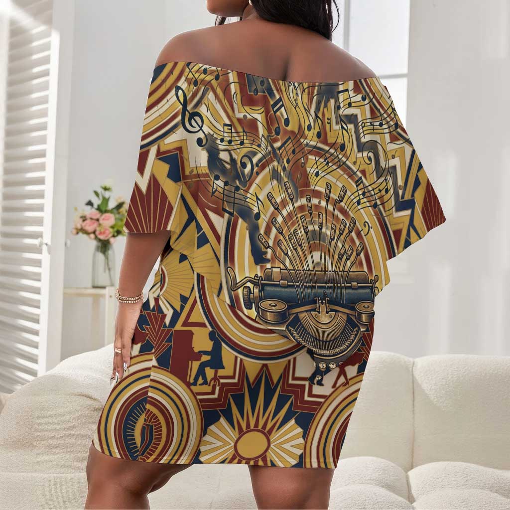 Langston Hughes Off Shoulder Short Dress Vibrant Jazz Age Pattern - Typewriter and Silhouettes Celebration of Harlem Renaissance - Wonder Print Shop