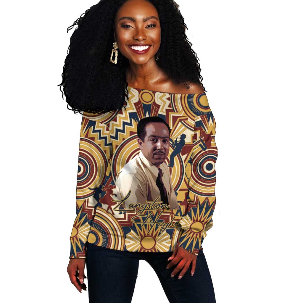 Langston Hughes Off Shoulder Sweater Vibrant Jazz Age Pattern - Typewriter and Silhouettes Celebration of Harlem Renaissance - Wonder Print Shop