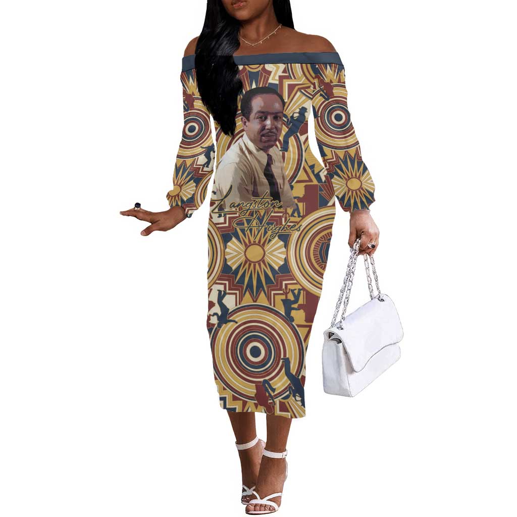 Langston Hughes Off The Shoulder Long Sleeve Dress Vibrant Jazz Age Pattern - Typewriter and Silhouettes Celebration of Harlem Renaissance - Wonder Print Shop