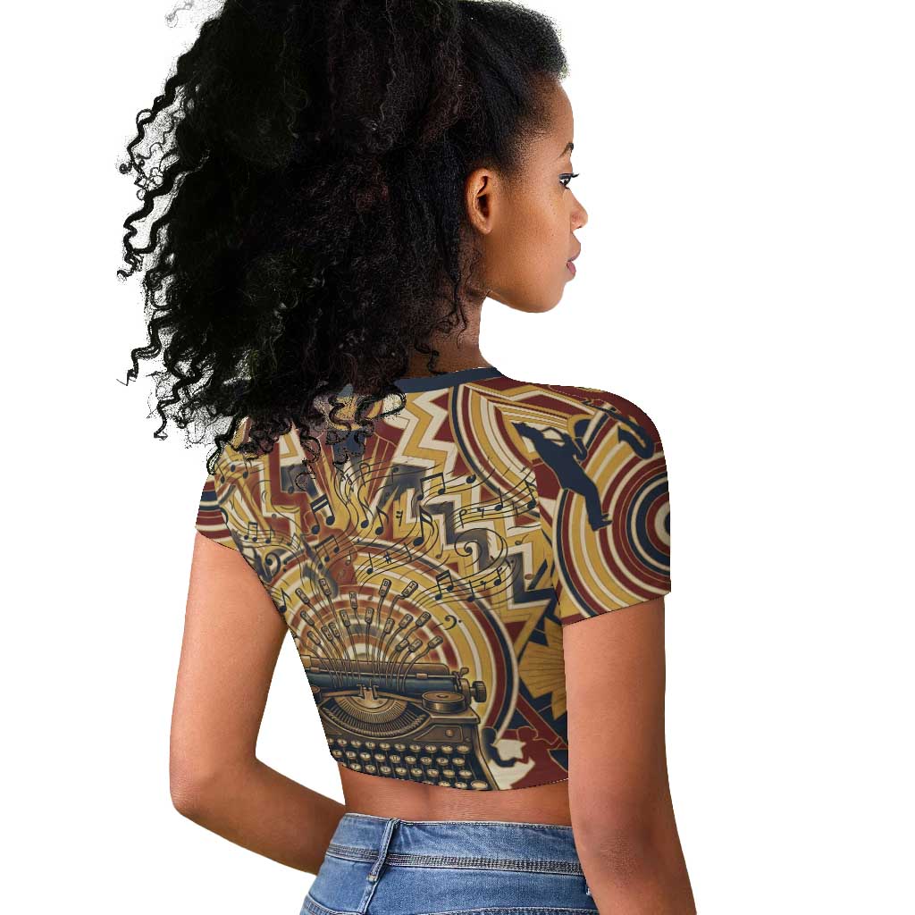 Langston Hughes Raglan Cropped T shirt Vibrant Jazz Age Pattern - Typewriter and Silhouettes Celebration of Harlem Renaissance - Wonder Print Shop