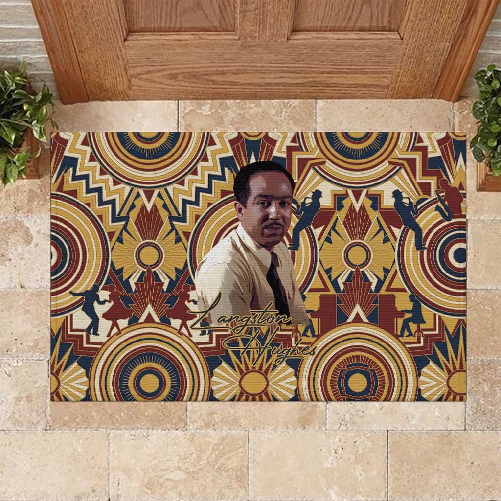 Langston Hughes Rubber Doormat Vibrant Jazz Age Pattern - Typewriter and Silhouettes Celebration of Harlem Renaissance - Wonder Print Shop