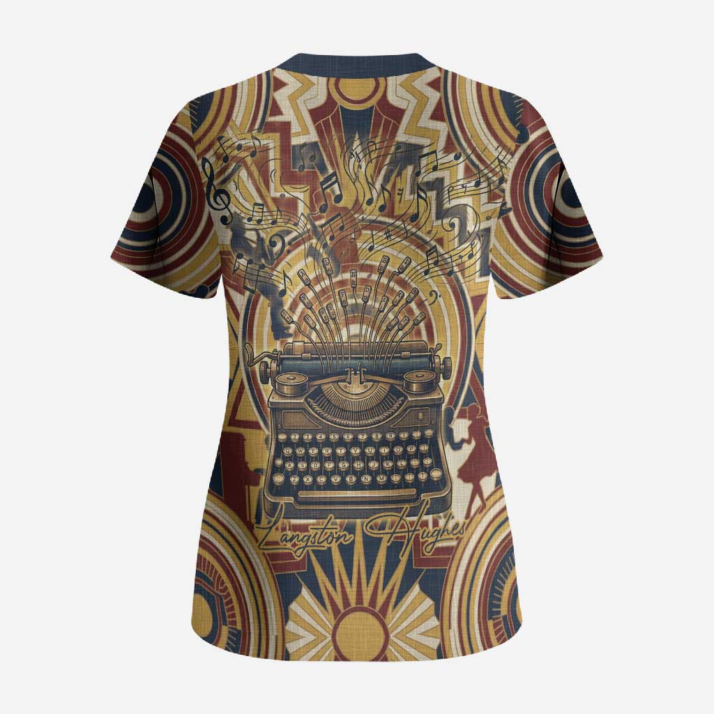 Langston Hughes Scrub Top Vibrant Jazz Age Pattern - Typewriter and Silhouettes Celebration of Harlem Renaissance - Wonder Print Shop