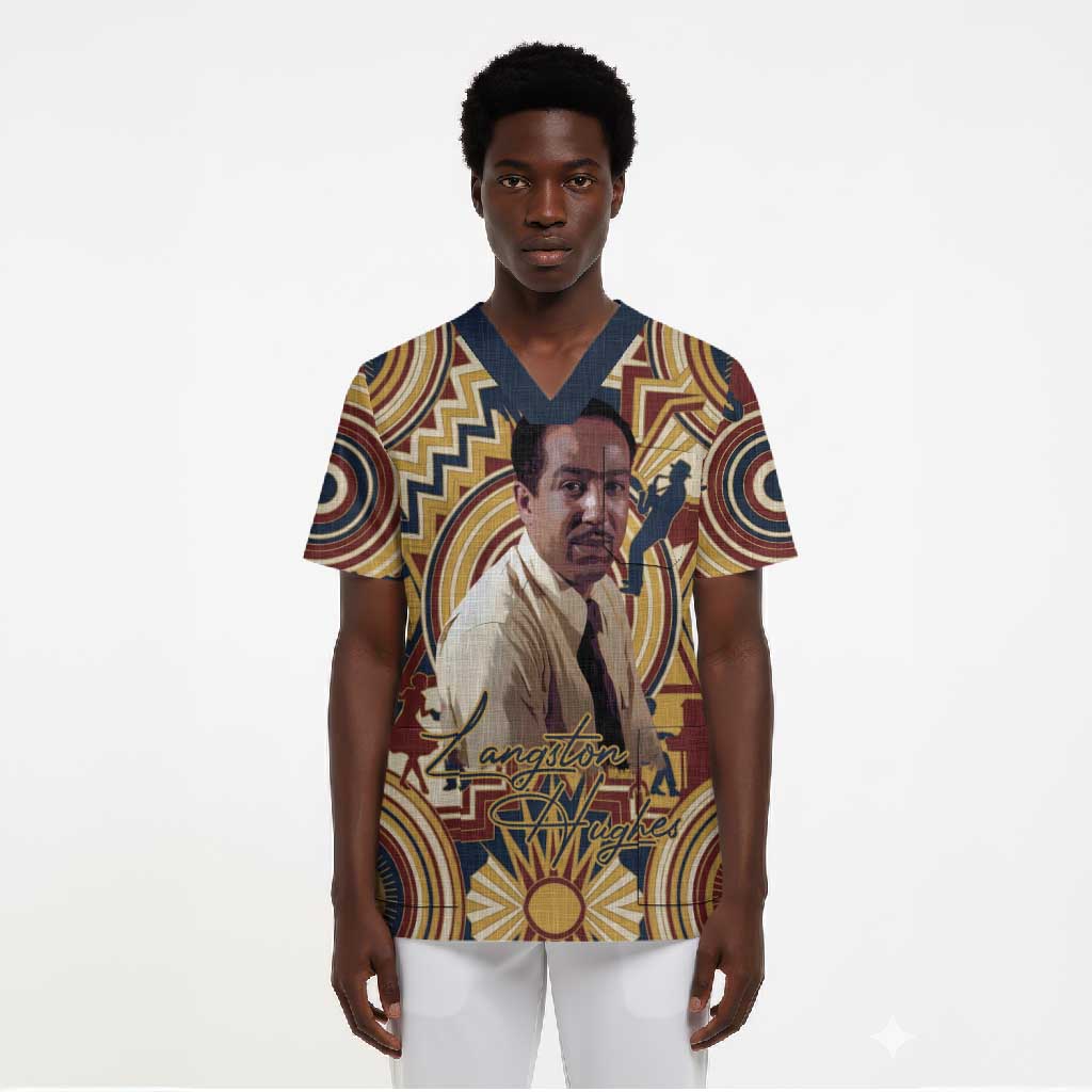 Langston Hughes Scrub Top Vibrant Jazz Age Pattern - Typewriter and Silhouettes Celebration of Harlem Renaissance - Wonder Print Shop
