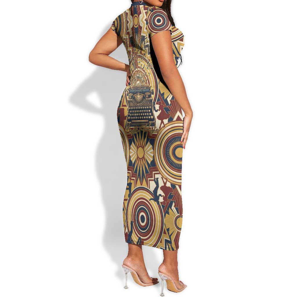 Langston Hughes Short Sleeve Bodycon Dress Vibrant Jazz Age Pattern - Typewriter and Silhouettes Celebration of Harlem Renaissance - Wonder Print Shop