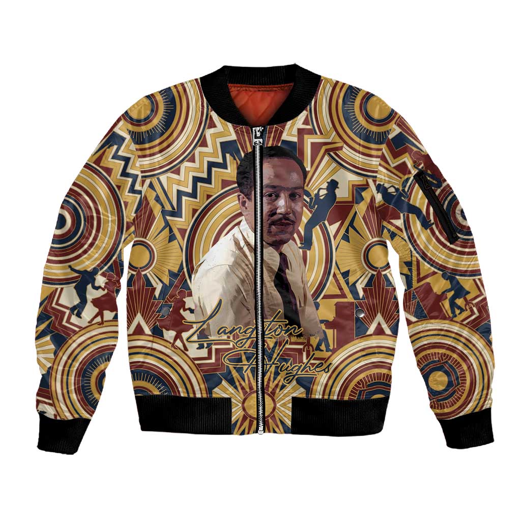 Langston Hughes Sleeve Zip Bomber Jacket Vibrant Jazz Age Pattern - Typewriter and Silhouettes Celebration of Harlem Renaissance - Wonder Print Shop