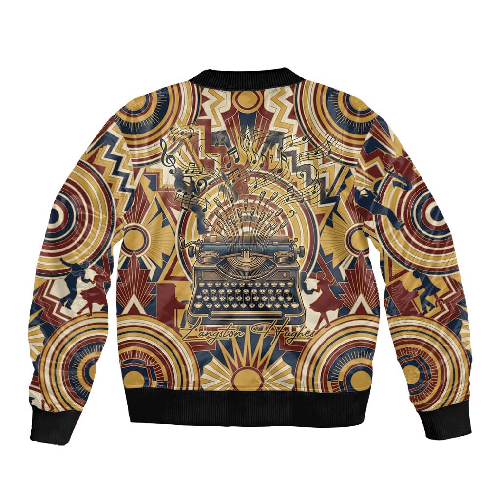 Langston Hughes Sleeve Zip Bomber Jacket Vibrant Jazz Age Pattern - Typewriter and Silhouettes Celebration of Harlem Renaissance - Wonder Print Shop