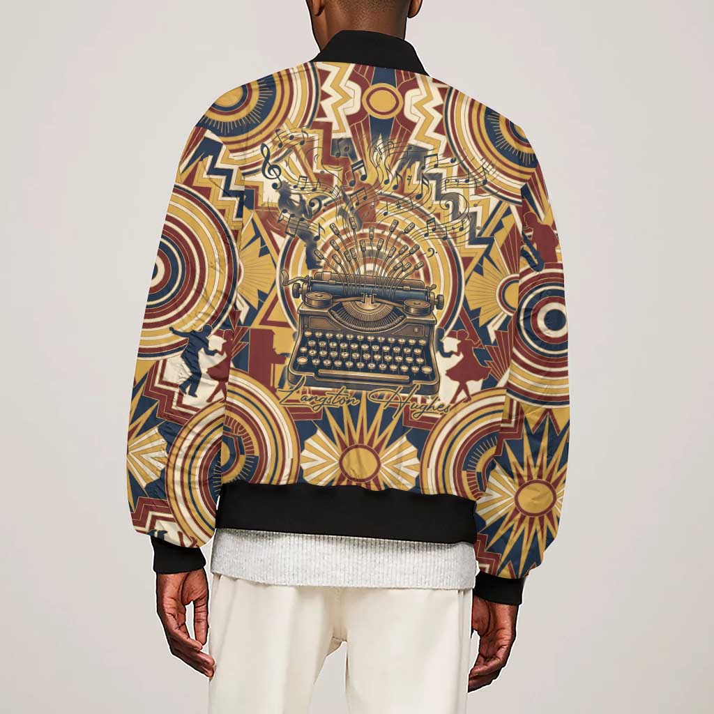 Langston Hughes Sleeve Zip Bomber Jacket Vibrant Jazz Age Pattern - Typewriter and Silhouettes Celebration of Harlem Renaissance - Wonder Print Shop