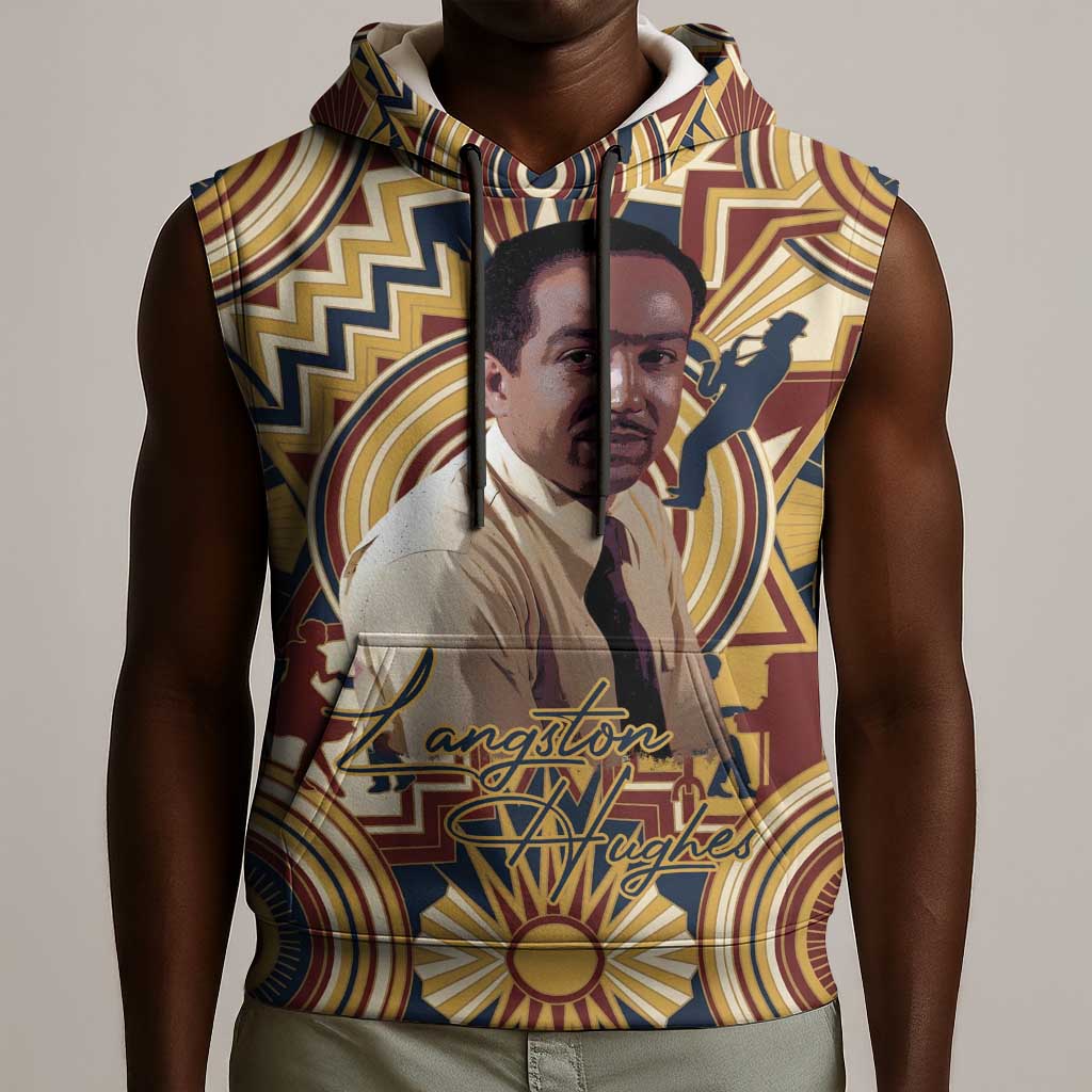 Langston Hughes Sleeveless Hoodie Vibrant Jazz Age Pattern - Typewriter and Silhouettes Celebration of Harlem Renaissance - Wonder Print Shop