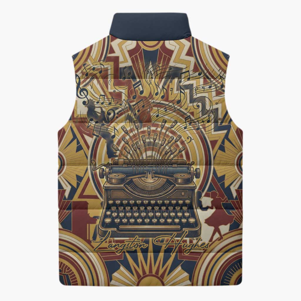 Langston Hughes Sleeveless Puffer Jacket Vibrant Jazz Age Pattern - Typewriter and Silhouettes Celebration of Harlem Renaissance - Wonder Print Shop