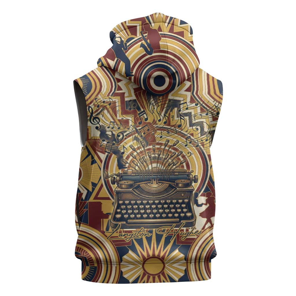 Langston Hughes Sleeveless Zip Hoodie Vibrant Jazz Age Pattern - Typewriter and Silhouettes Celebration of Harlem Renaissance - Wonder Print Shop