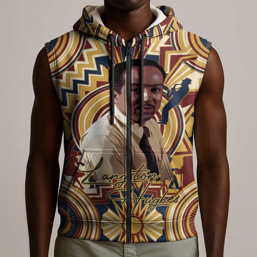 Langston Hughes Sleeveless Zip Hoodie Vibrant Jazz Age Pattern - Typewriter and Silhouettes Celebration of Harlem Renaissance - Wonder Print Shop