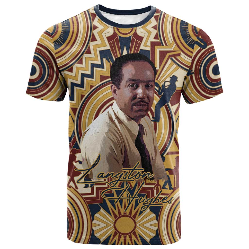 Langston Hughes T shirt Vibrant Jazz Age Pattern - Typewriter and Silhouettes Celebration of Harlem Renaissance - Wonder Print Shop