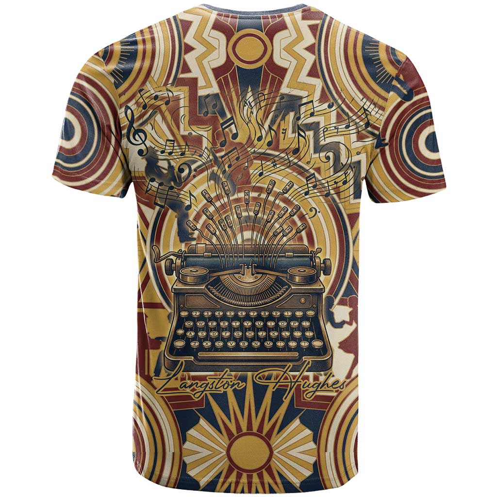 Langston Hughes T shirt Vibrant Jazz Age Pattern - Typewriter and Silhouettes Celebration of Harlem Renaissance - Wonder Print Shop