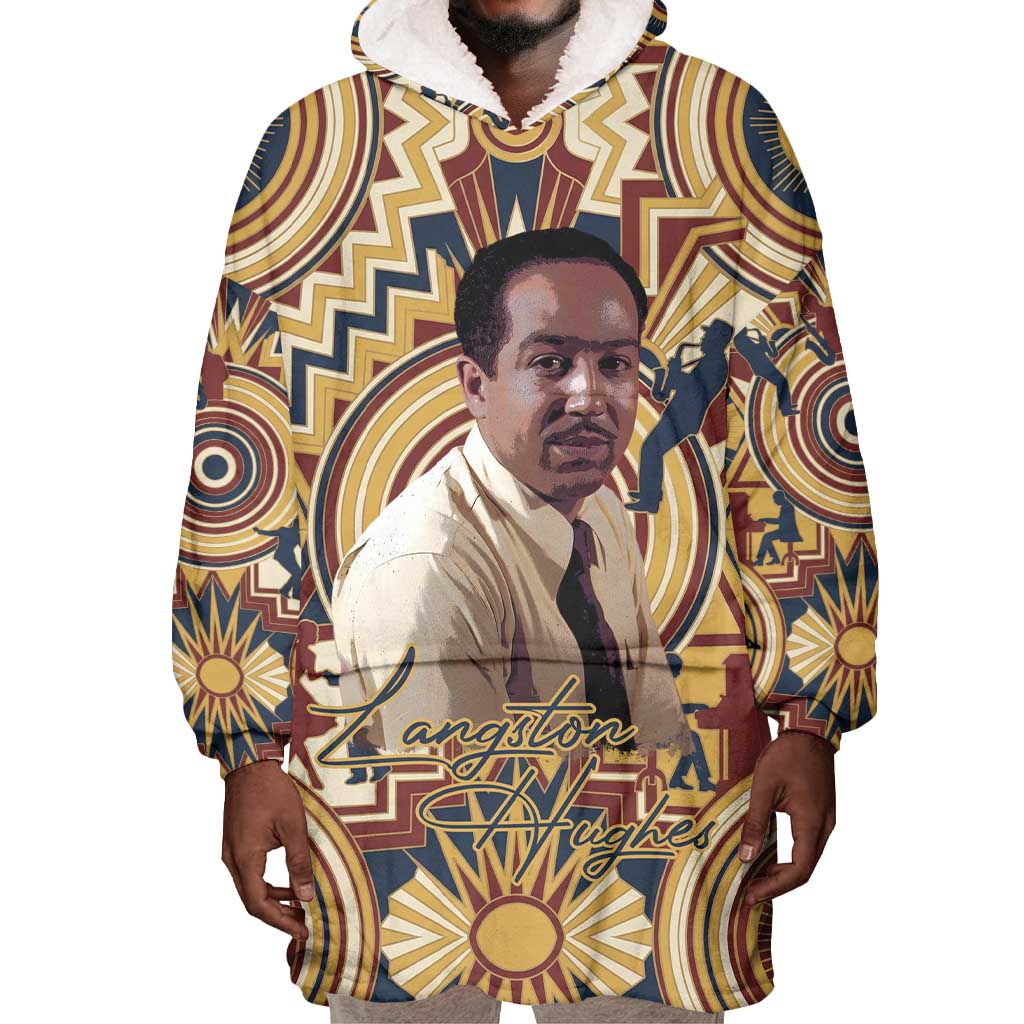 Langston Hughes Wearable Blanket Hoodie Vibrant Jazz Age Pattern - Typewriter and Silhouettes Celebration of Harlem Renaissance - Wonder Print Shop