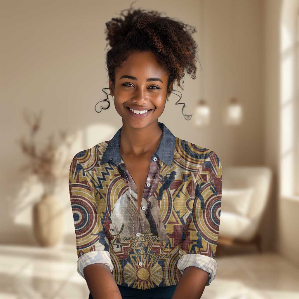 Langston Hughes Women Casual Shirt Vibrant Jazz Age Pattern - Typewriter and Silhouettes Celebration of Harlem Renaissance - Wonder Print Shop