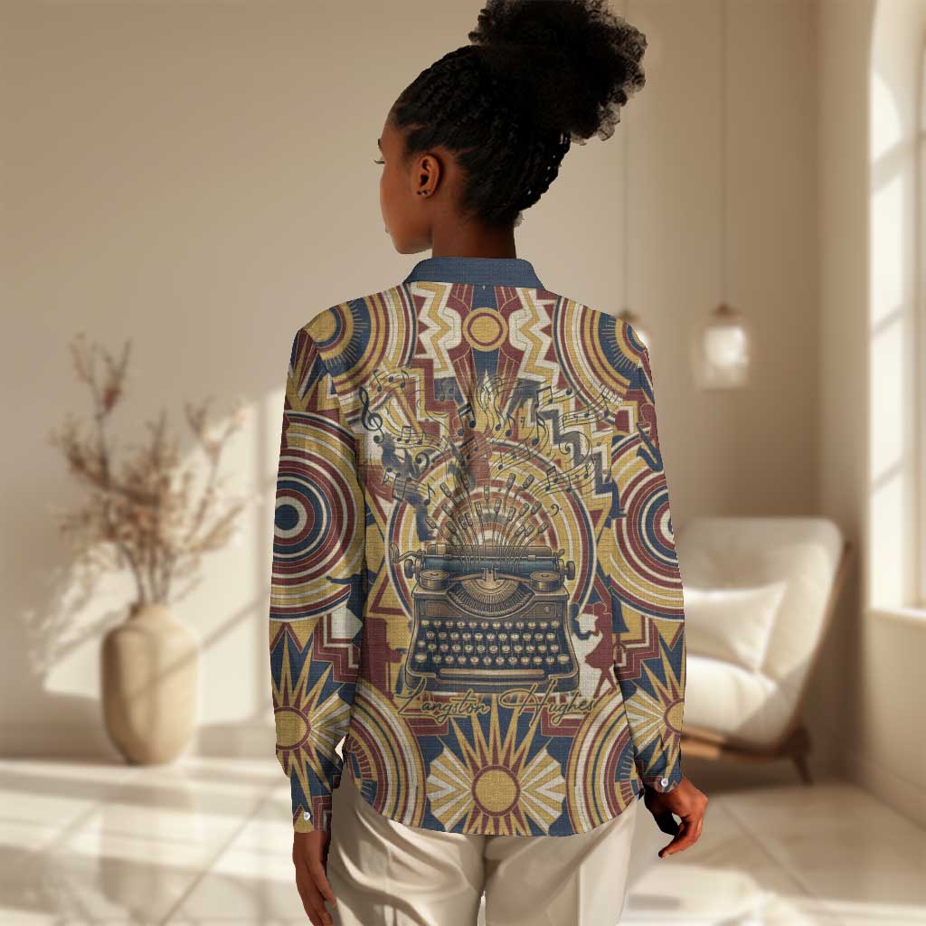 Langston Hughes Women Casual Shirt Vibrant Jazz Age Pattern - Typewriter and Silhouettes Celebration of Harlem Renaissance - Wonder Print Shop