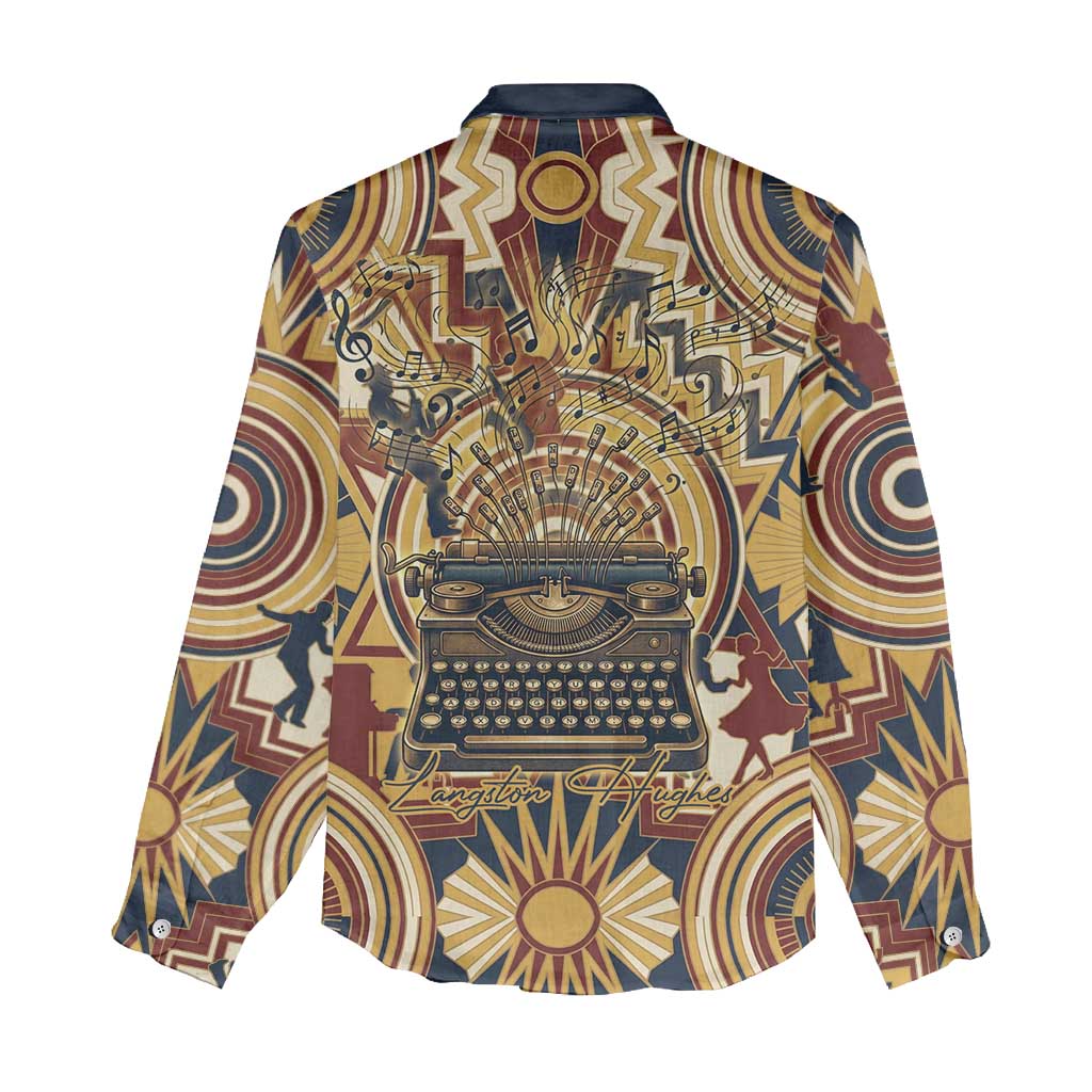 Langston Hughes Women Casual Shirt Vibrant Jazz Age Pattern - Typewriter and Silhouettes Celebration of Harlem Renaissance - Wonder Print Shop