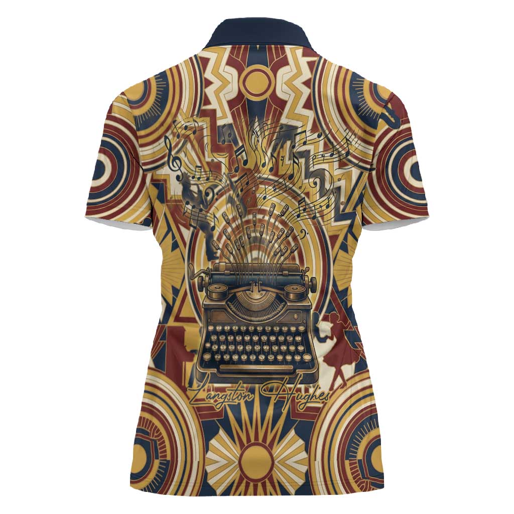 Langston Hughes Women Polo Shirt Vibrant Jazz Age Pattern - Typewriter and Silhouettes Celebration of Harlem Renaissance - Wonder Print Shop