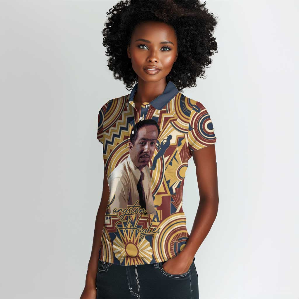 Langston Hughes Women Polo Shirt Vibrant Jazz Age Pattern - Typewriter and Silhouettes Celebration of Harlem Renaissance - Wonder Print Shop