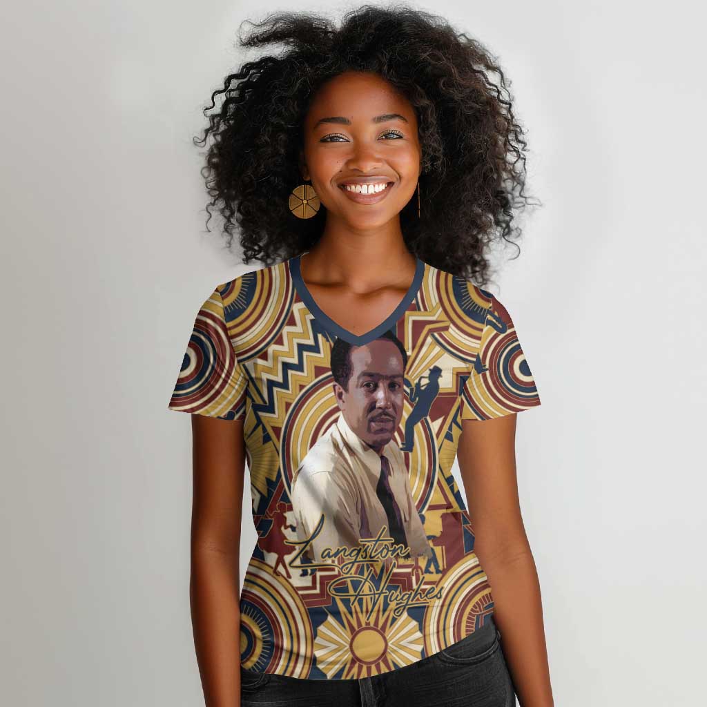 Langston Hughes Women V-Neck T-Shirt Vibrant Jazz Age Pattern - Typewriter and Silhouettes Celebration of Harlem Renaissance - Wonder Print Shop