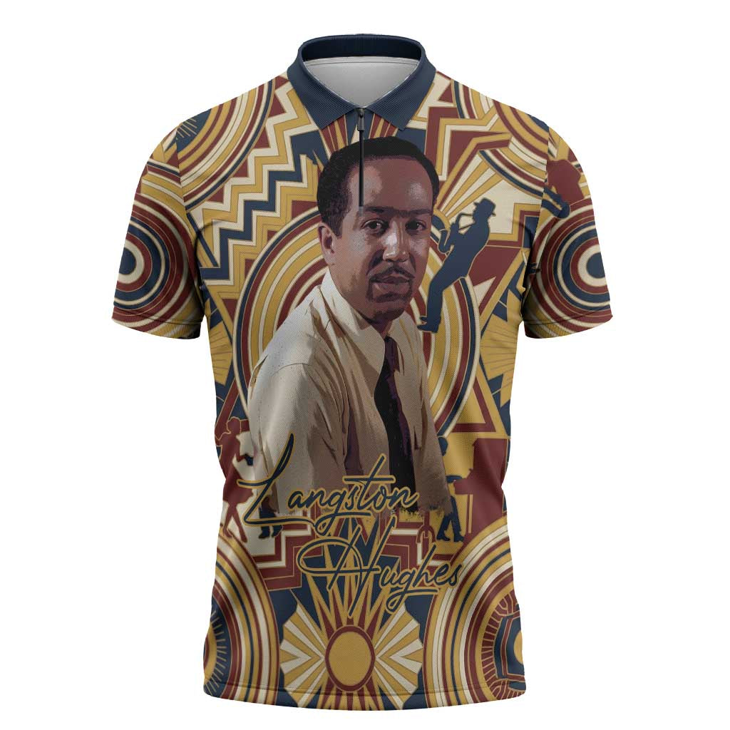 Langston Hughes Zipper Polo Shirt Vibrant Jazz Age Pattern - Typewriter and Silhouettes Celebration of Harlem Renaissance - Wonder Print Shop
