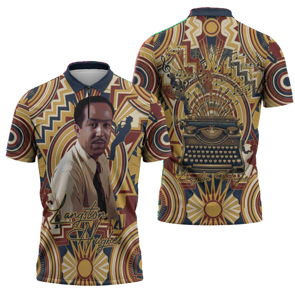 Langston Hughes Zipper Polo Shirt Vibrant Jazz Age Pattern - Typewriter and Silhouettes Celebration of Harlem Renaissance - Wonder Print Shop
