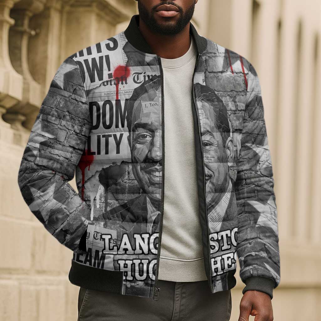 Langston Hughes Bomber Puffer Jacket Urban Brick Wall Design with Protest Art and Poetry Powerful Quotes - Wonder Print Shop