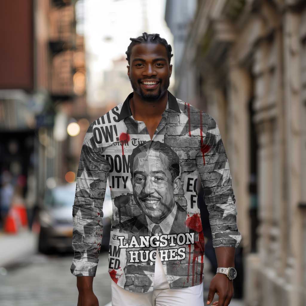 Langston Hughes Long Sleeve Button Shirt Urban Brick Wall Design with Protest Art and Poetry Powerful Quotes - Wonder Print Shop