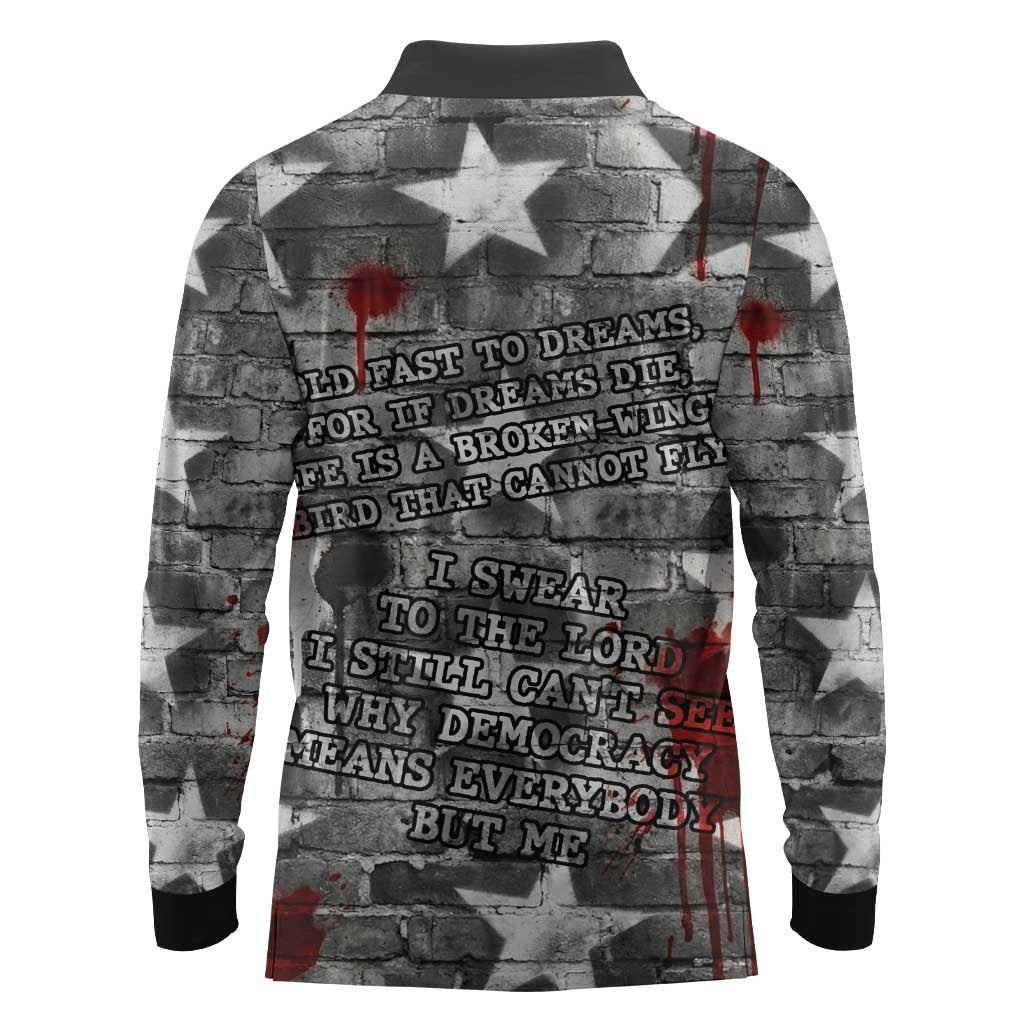 Langston Hughes Long Sleeve Polo Shirt Urban Brick Wall Design with Protest Art and Poetry Powerful Quotes - Wonder Print Shop