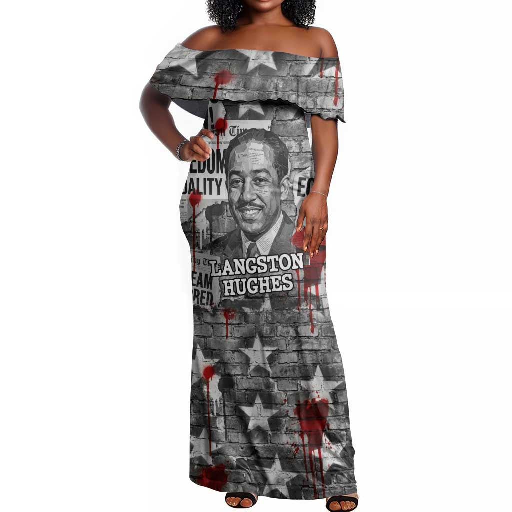 Langston Hughes Off Shoulder Maxi Dress Urban Brick Wall Design with Protest Art and Poetry Powerful Quotes - Wonder Print Shop