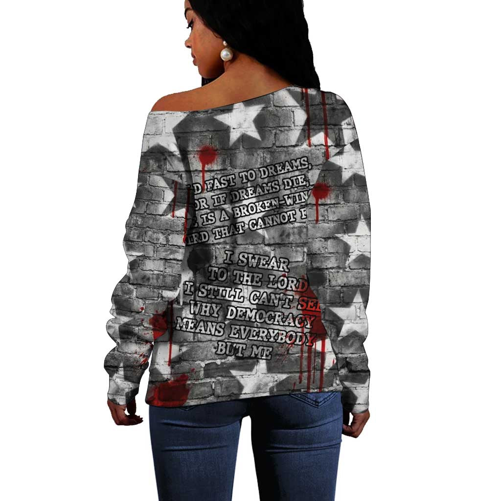 Langston Hughes Off Shoulder Sweater Urban Brick Wall Design with Protest Art and Poetry Powerful Quotes - Wonder Print Shop
