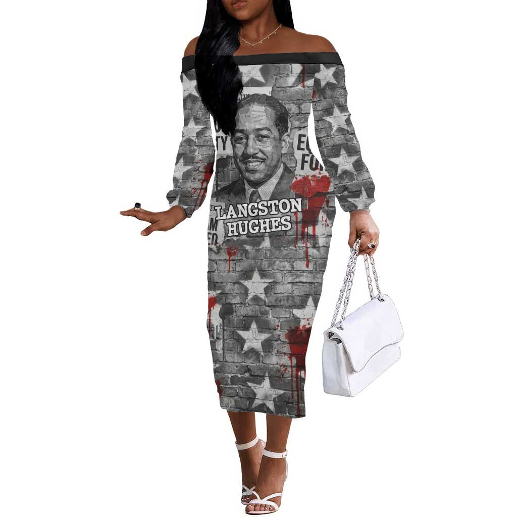 Langston Hughes Off The Shoulder Long Sleeve Dress Urban Brick Wall Design with Protest Art and Poetry Powerful Quotes - Wonder Print Shop