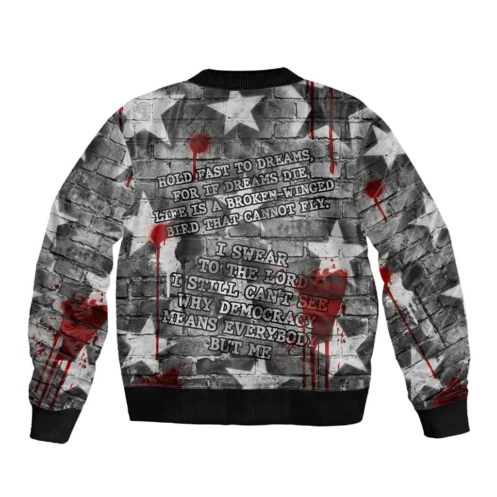 Langston Hughes Sleeve Zip Bomber Jacket Urban Brick Wall Design with Protest Art and Poetry Powerful Quotes - Wonder Print Shop
