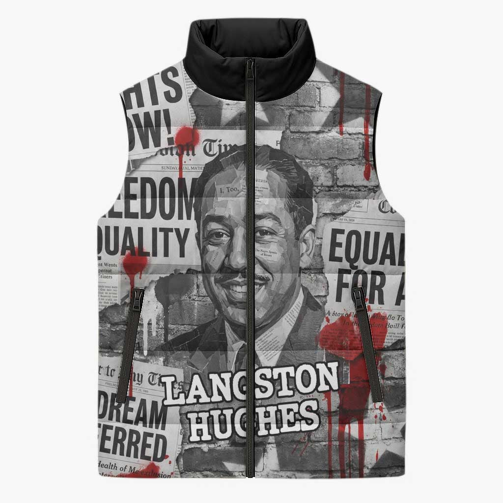 Langston Hughes Sleeveless Puffer Jacket Urban Brick Wall Design with Protest Art and Poetry Powerful Quotes - Wonder Print Shop