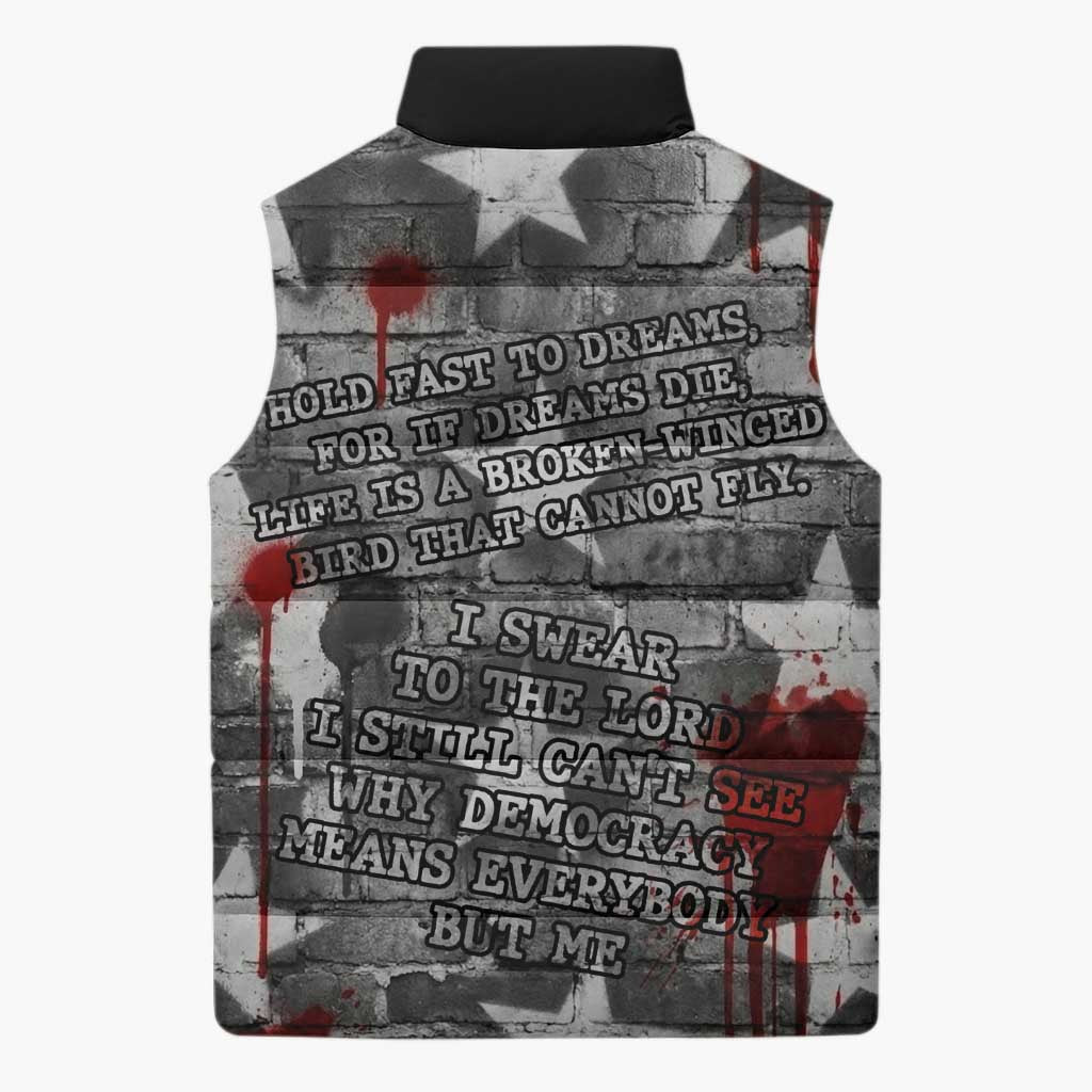 Langston Hughes Sleeveless Puffer Jacket Urban Brick Wall Design with Protest Art and Poetry Powerful Quotes - Wonder Print Shop