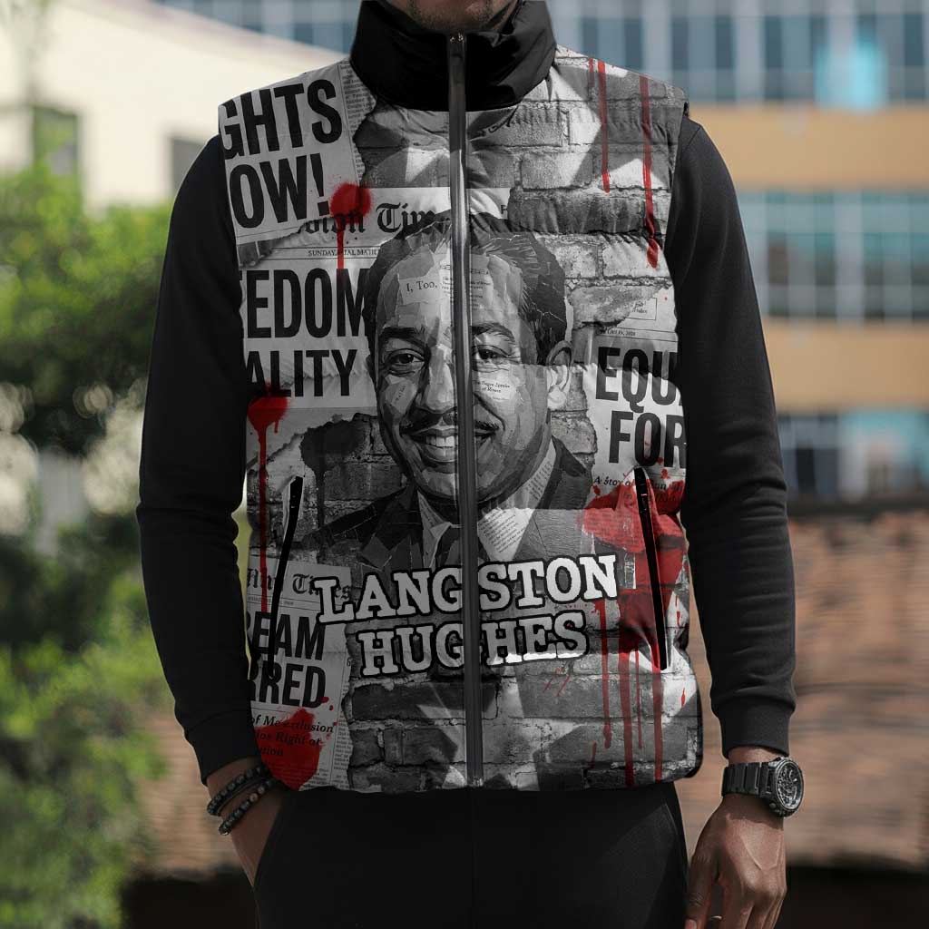 Langston Hughes Sleeveless Puffer Jacket Urban Brick Wall Design with Protest Art and Poetry Powerful Quotes - Wonder Print Shop