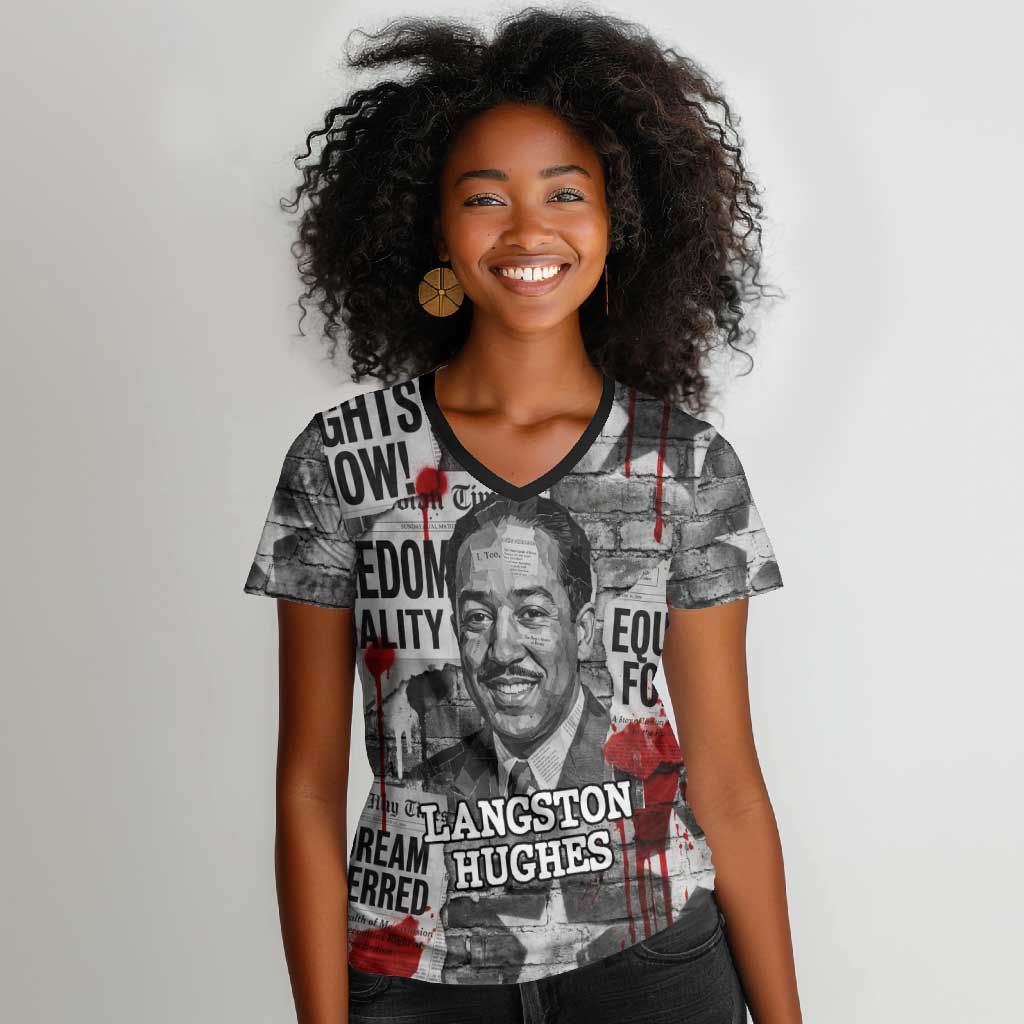 Langston Hughes Women V-Neck T-Shirt Urban Brick Wall Design with Protest Art and Poetry Powerful Quotes - Wonder Print Shop
