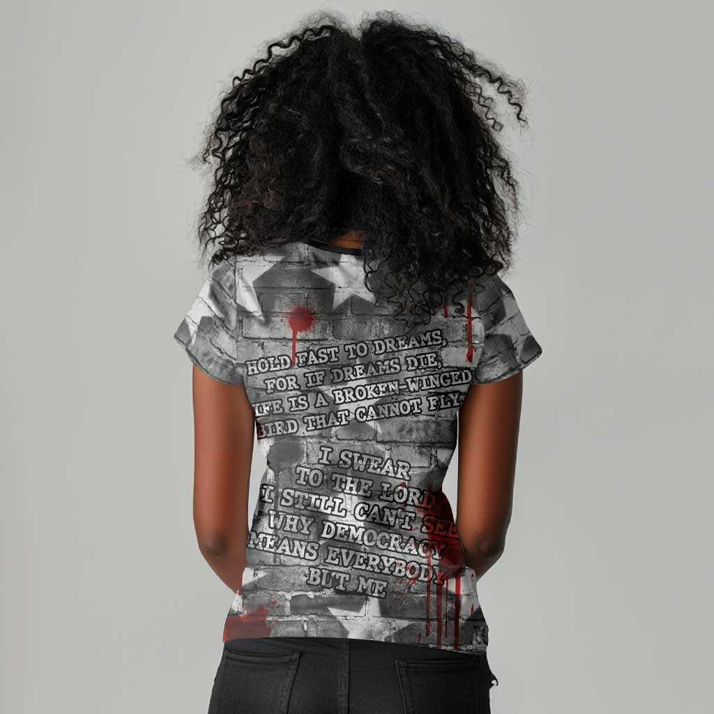 Langston Hughes Women V-Neck T-Shirt Urban Brick Wall Design with Protest Art and Poetry Powerful Quotes - Wonder Print Shop