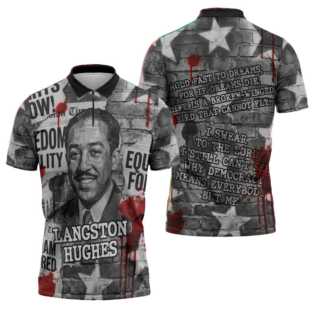 Langston Hughes Zipper Polo Shirt Urban Brick Wall Design with Protest Art and Poetry Powerful Quotes - Wonder Print Shop