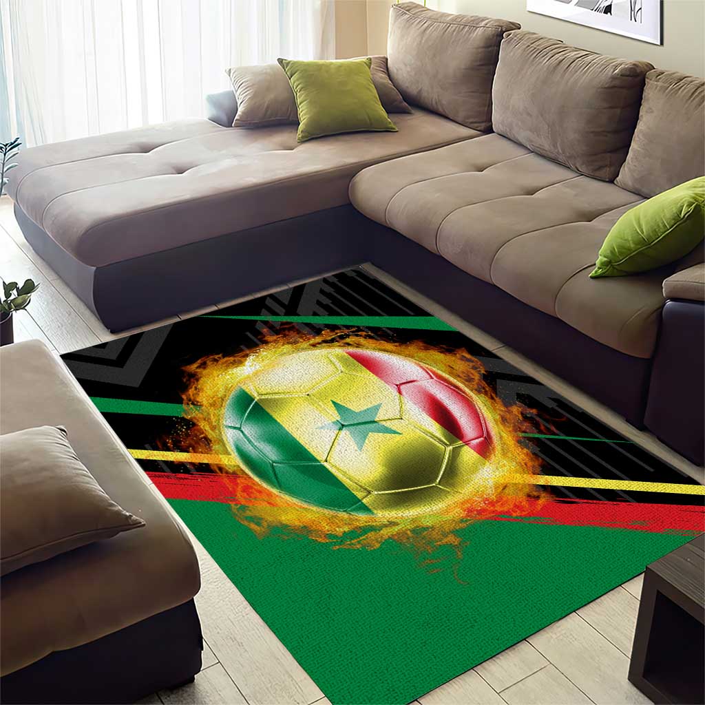 Custom Senegal Area Rug Lion Graphic, National Flag, Fiery Soccer Ball - Bold African Pride Design - Wonder Print Shop