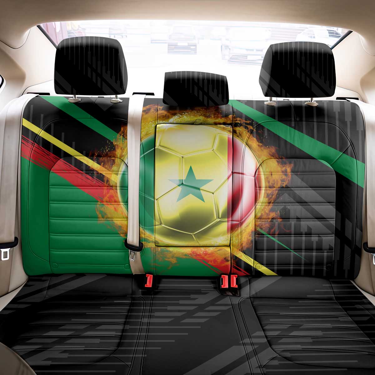 Custom Senegal Back Car Seat Cover Lion Graphic, National Flag, Fiery Soccer Ball - Bold African Pride Design - Wonder Print Shop