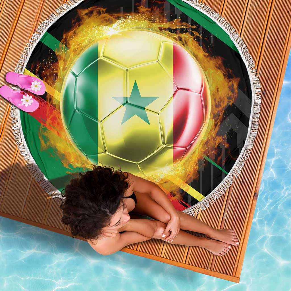 Custom Senegal Beach Blanket Lion Graphic, National Flag, Fiery Soccer Ball - Bold African Pride Design - Wonder Print Shop