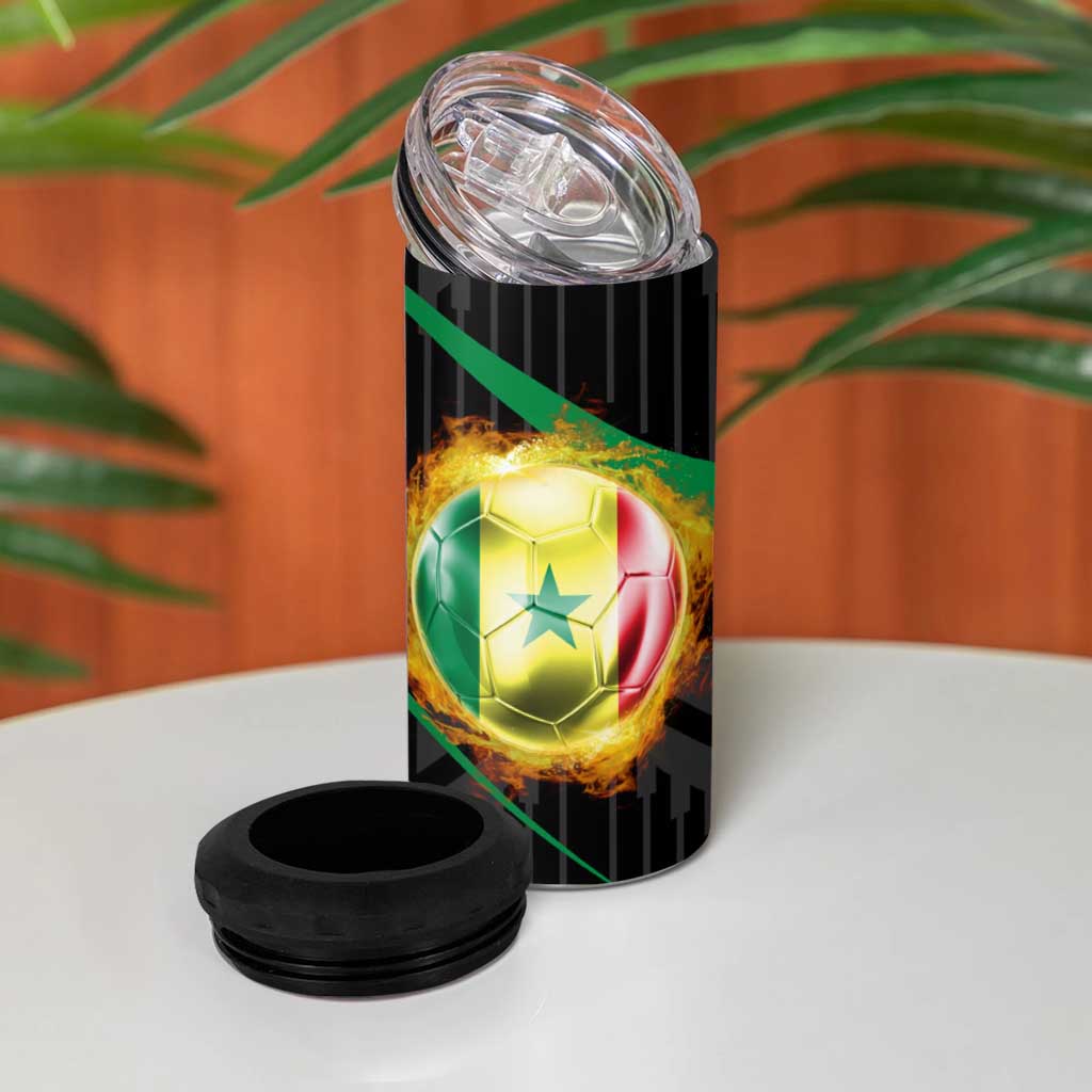Custom Senegal 4 in 1 Can Cooler Tumbler Lion Graphic, National Flag, Fiery Soccer Ball - Bold African Pride Design - Wonder Print Shop
