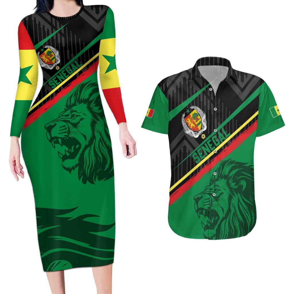Custom Senegal Couples Matching Long Sleeve Bodycon Dress and Hawaiian Shirt Lion Graphic, National Flag, Fiery Soccer Ball - Bold African Pride Design - Wonder Print Shop